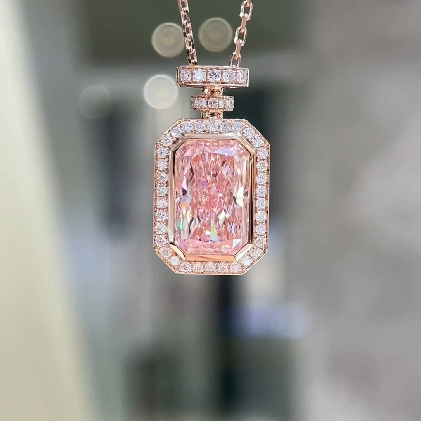 Rosaline 4.08ct Fancy Vivid Pink Radiant Halo Perfume Bottle Lab-Grown Diamond Pendant Necklace — product photo 6 of 6