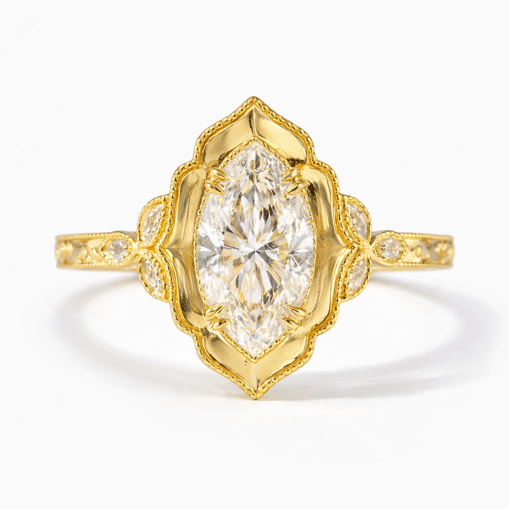 Vintage Marquise Diamond Ring | Victorian Inspired Engraved Gold Ring — product photo 2 of 5