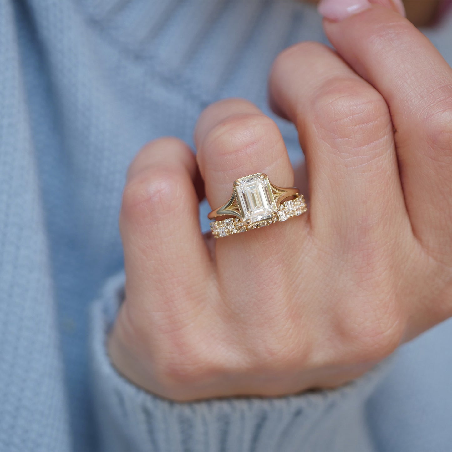 Split Shank Emerald Cut Lab Diamond Engagement Ring — product photo 2 of 6