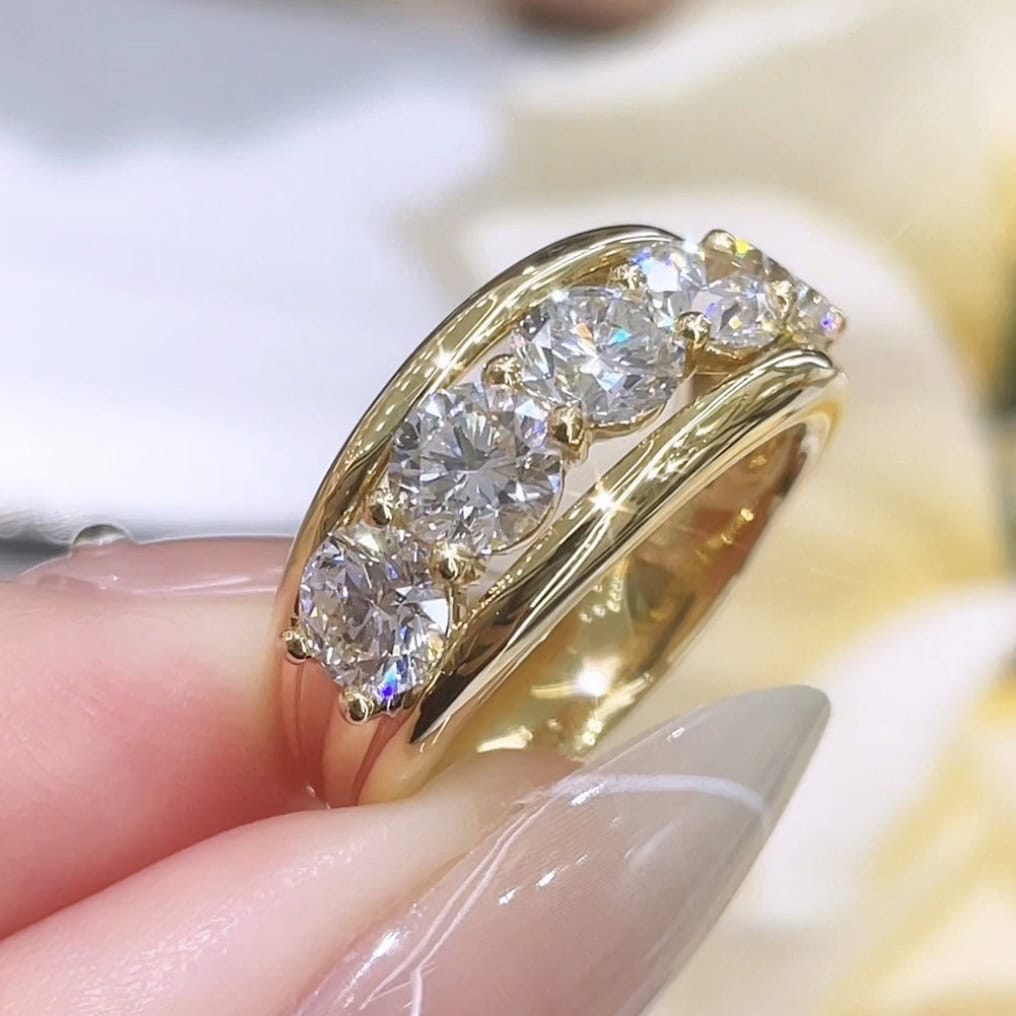 BP006 5 Stone Lab-Grown Diamond Ring Vintage Yellow Gold Wide Band Old Money Style Diamond Band — product photo 2 of 6