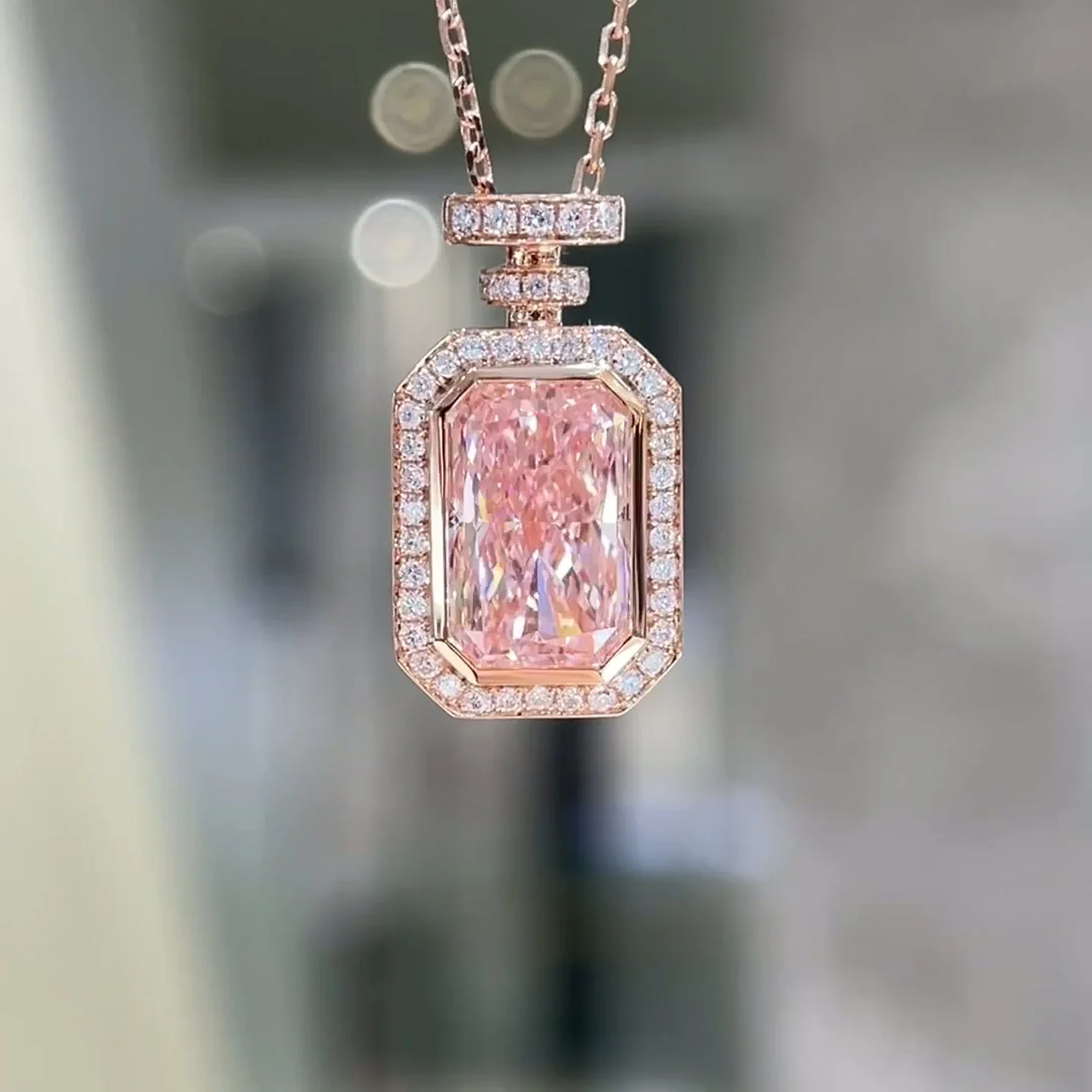 Rosaline 4.08ct Fancy Vivid Pink Radiant Halo Perfume Bottle Lab-Grown Diamond Pendant Necklace — product photo 1 of 6