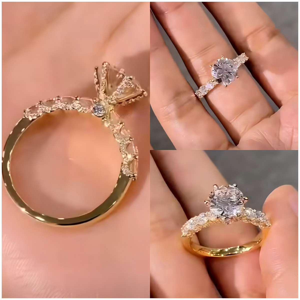 Floral Side Stone Round Lab Diamond Engagement Ring with Hidden Halo in 14K / 18K Gold — product photo 2 of 6