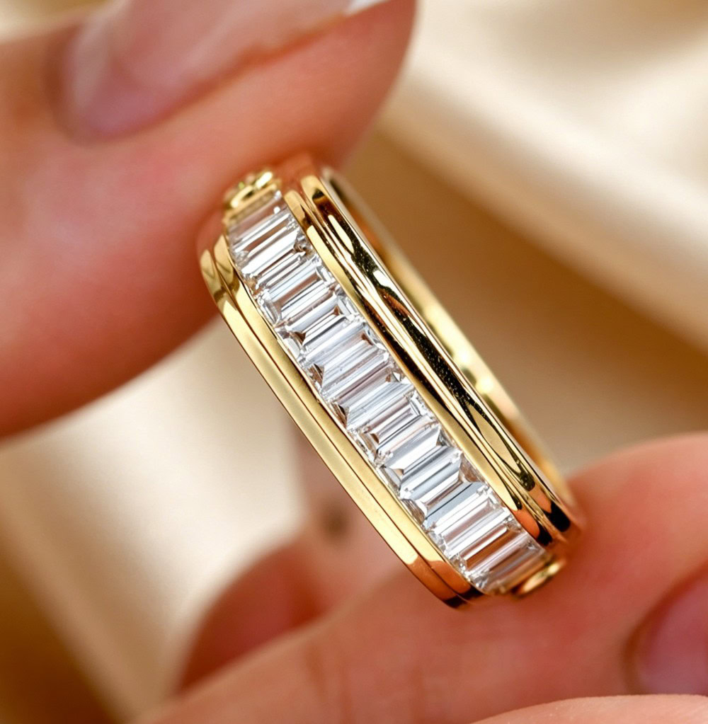 Vintage Baguette Lab Diamond Band Ring – Ice Candy Texture Thick Gold Statement Ring in 14K / 18K Gold — product photo 5 of 6