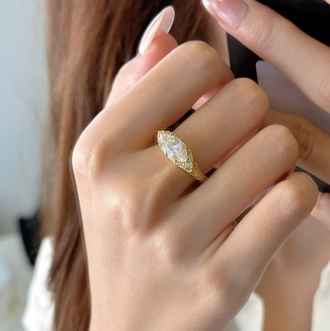 BP005 Vintage Engraved Marquise Lab-Grown Diamond Ring | Old Money Style — product photo 5 of 6