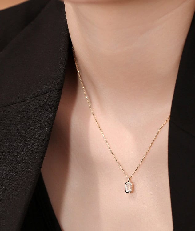 Minimal Bezel Emerald Cut Diamond Pendant Necklace — product photo 4 of 6