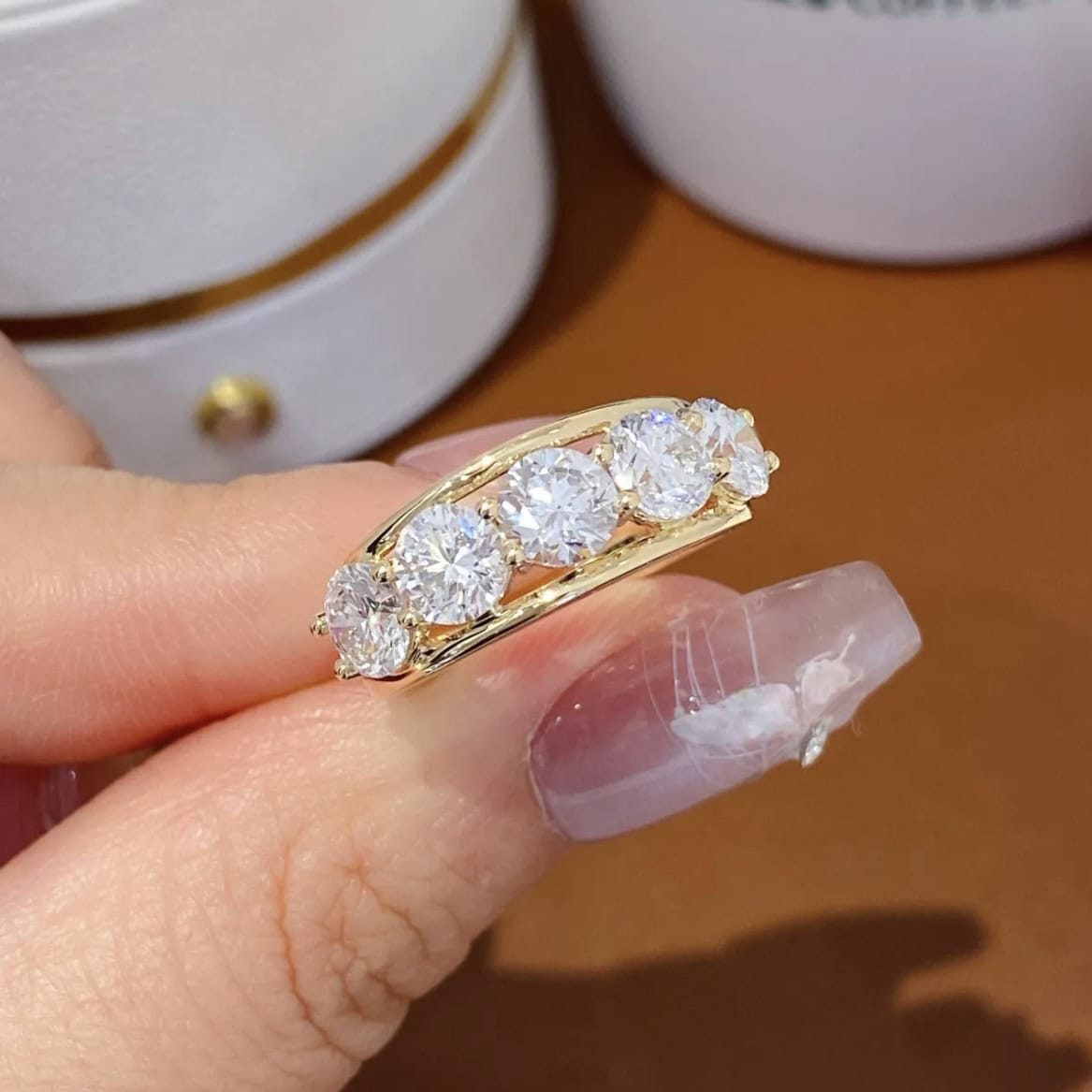 BP006 5 Stone Lab-Grown Diamond Ring Vintage Yellow Gold Wide Band Old Money Style Diamond Band — product photo 6 of 6