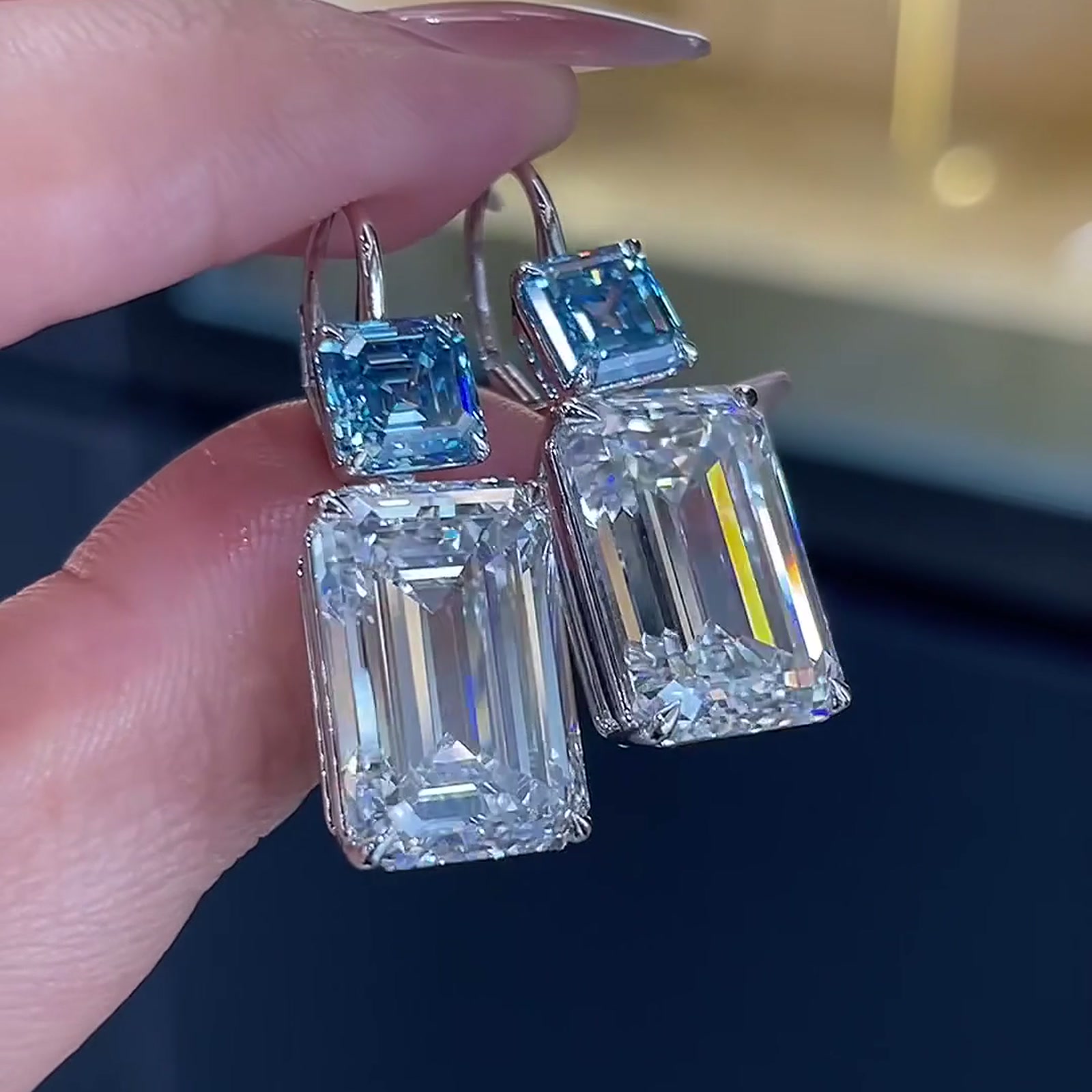 Emerald-Cut and Blue Lab-Grown Diamond Drop Earrings — product photo 2 of 4