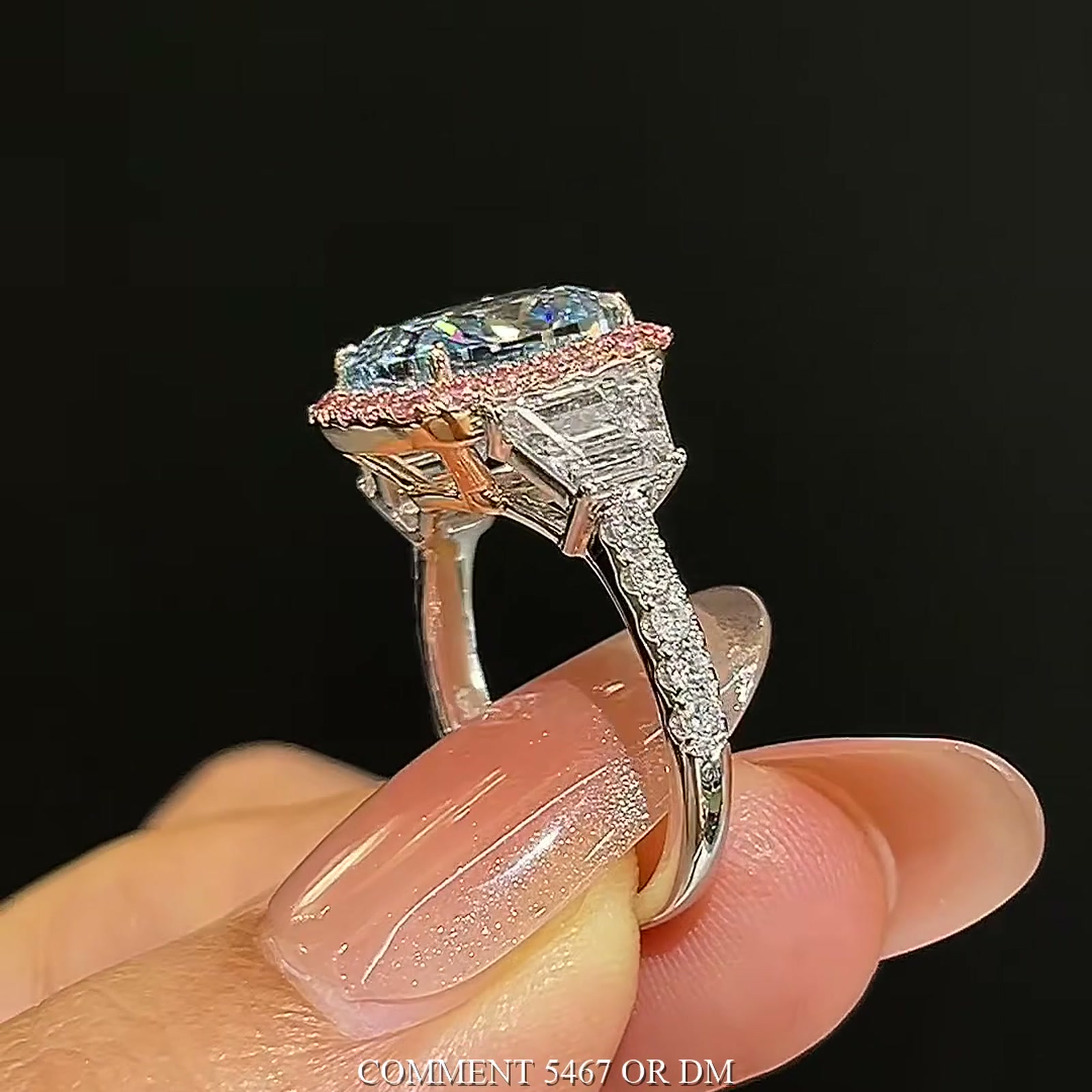 Blue Lab-Grown Diamond Three-Stone Halo Ring — product photo 4 of 4
