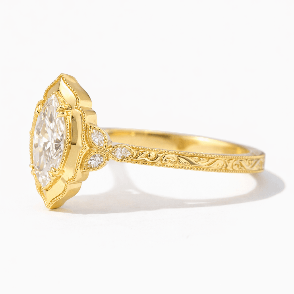 Vintage Marquise Diamond Ring | Victorian Inspired Engraved Gold Ring — product photo 3 of 5