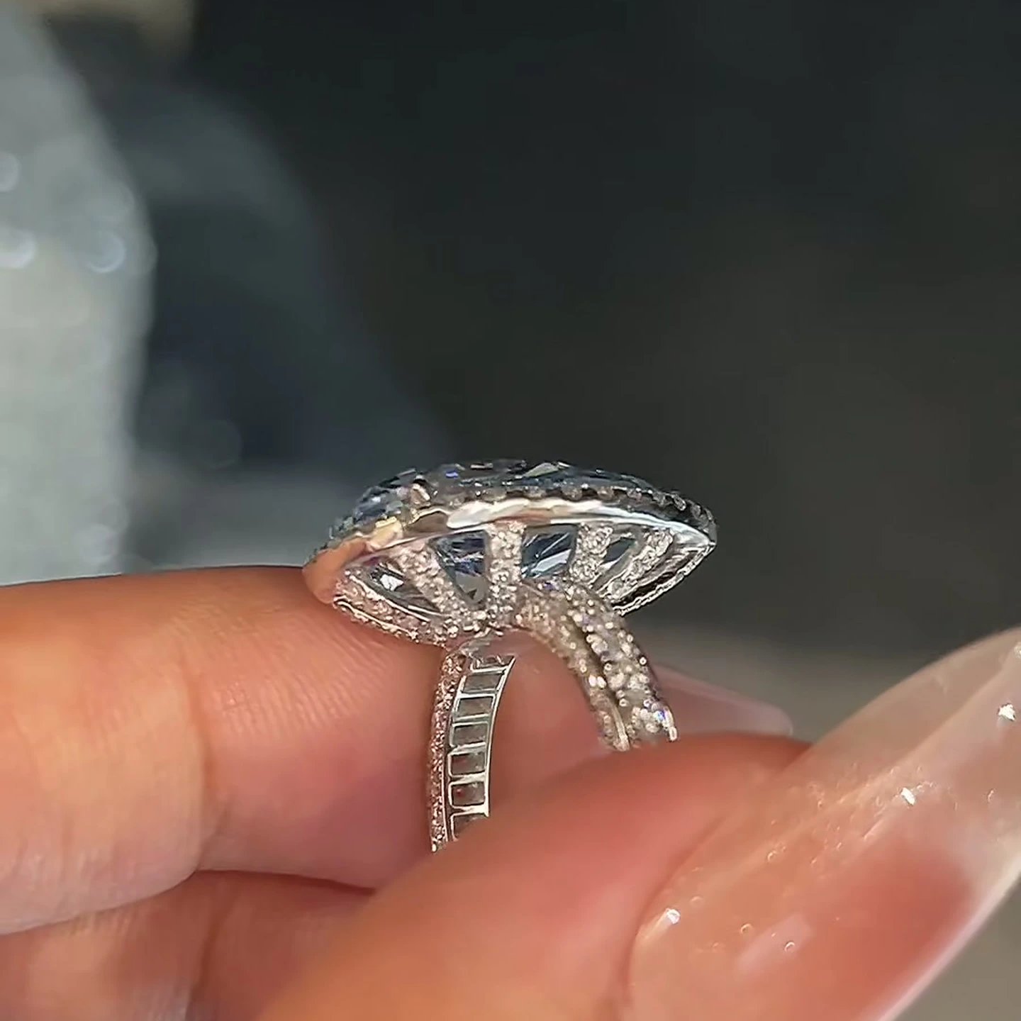 Celestine Handcrafted Pear Blue Diamond Halo Ring — product photo 2 of 4