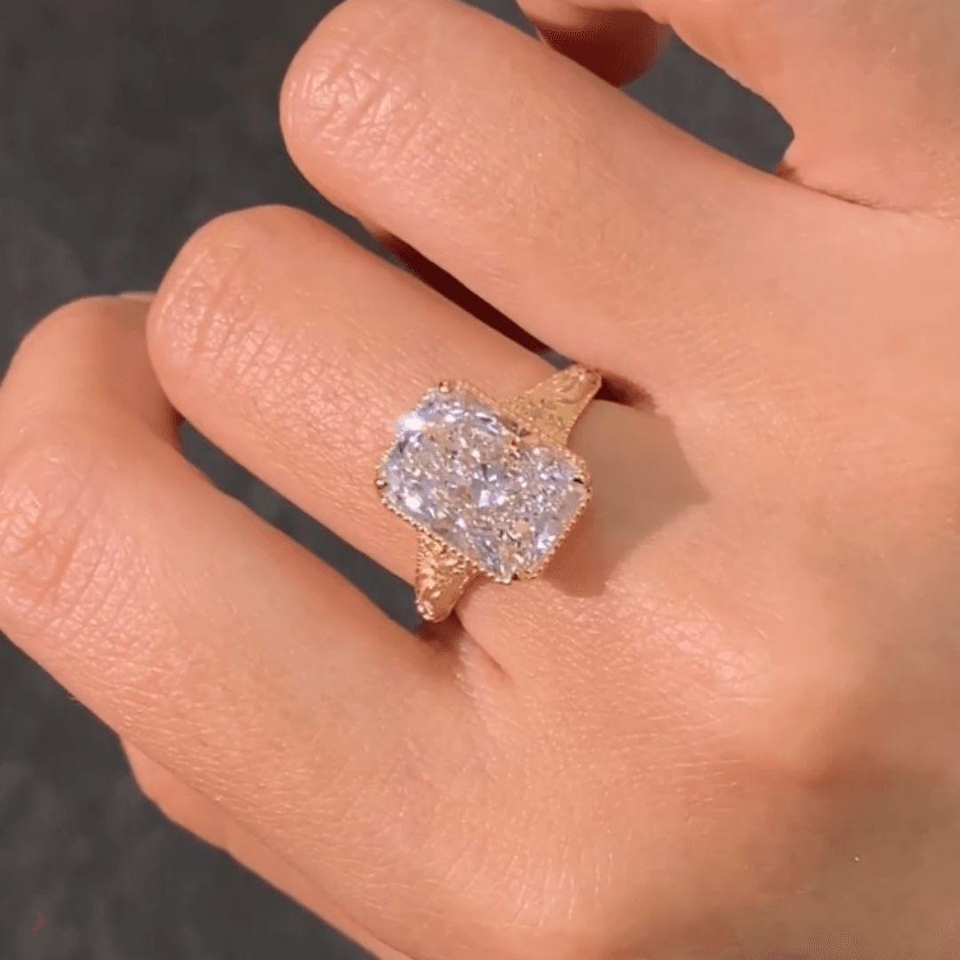 Vintage Floral Engraved Radiant Cut Lab Diamond Ring in 14K / 18K Gold — product photo 5 of 6