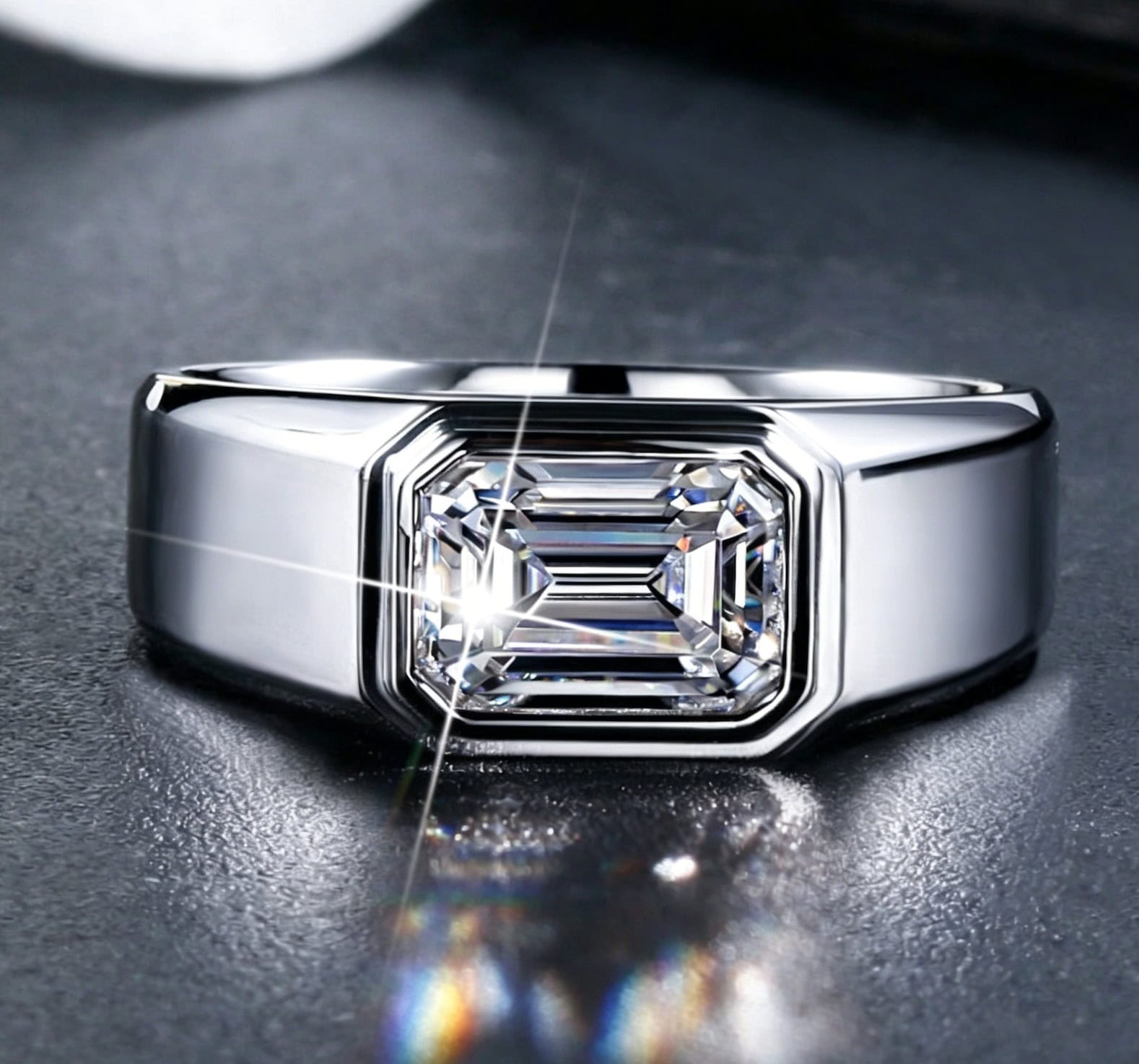 Emerald Cut Lab Diamond Signet Ring | Bezel Set Statement Ring for Men — product photo 2 of 5
