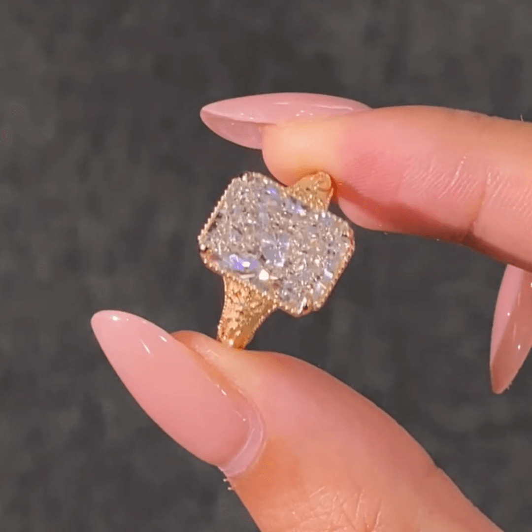 Vintage Floral Engraved Radiant Cut Lab Diamond Ring in 14K / 18K Gold — product photo 6 of 6