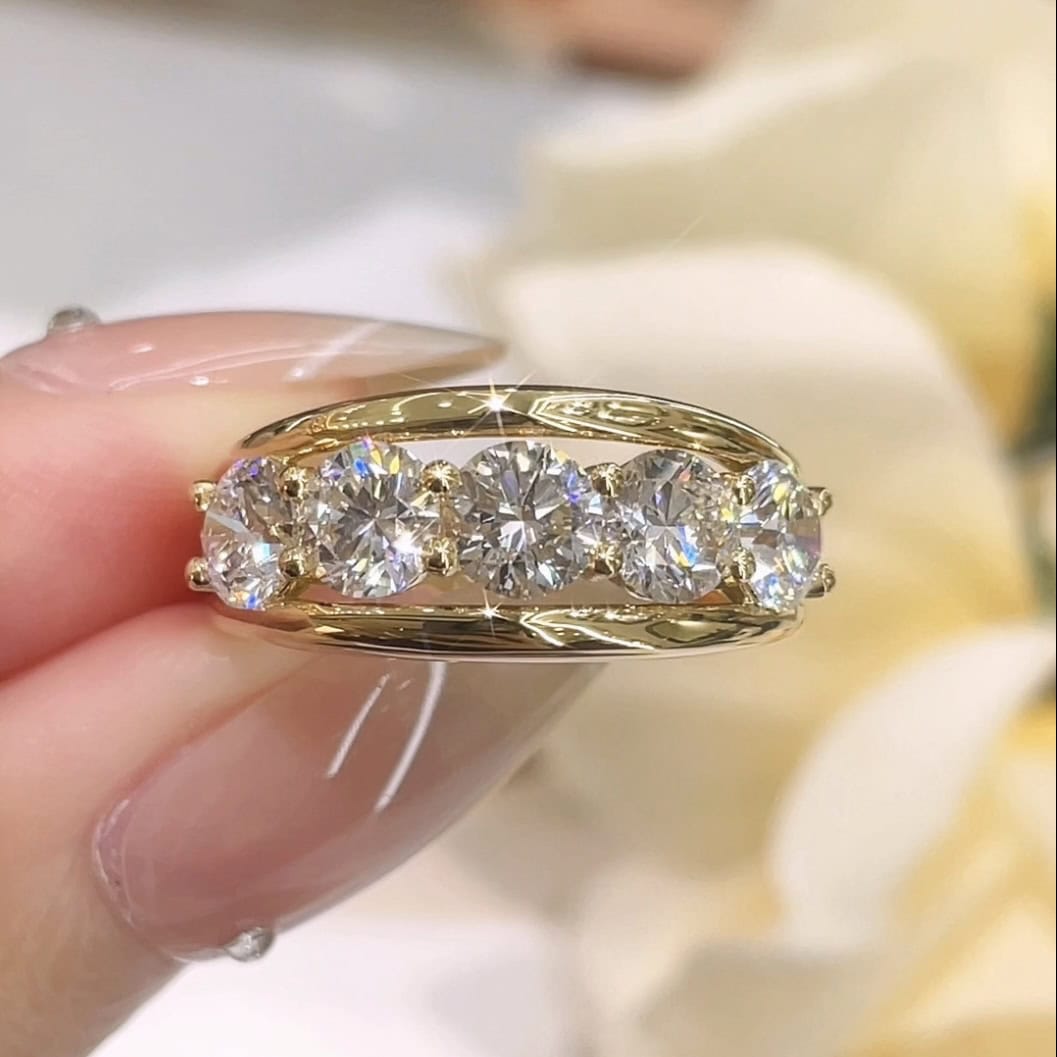 BP006 5 Stone Lab-Grown Diamond Ring Vintage Yellow Gold Wide Band Old Money Style Diamond Band — product photo 1 of 6