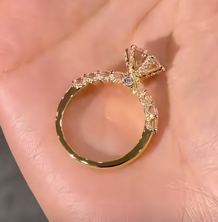 Floral Side Stone Round Lab Diamond Engagement Ring with Hidden Halo in 14K / 18K Gold — product photo 6 of 6