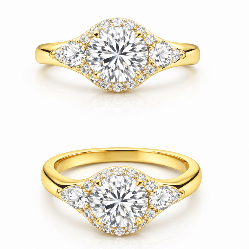 Three-Stone Lab Diamond Ring – Round Center with Marquise Side Stones and Pavé Halo — product photo 2 of 6