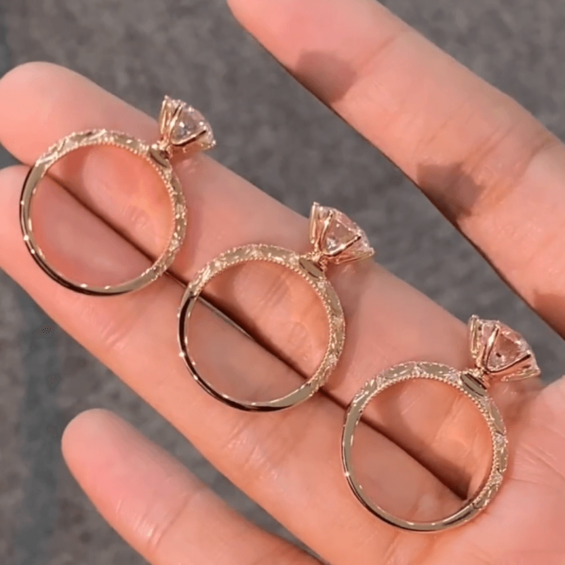 Vintage Round Lab Diamond Solitaire Ring with Floral Engraved Band — product photo 3 of 6