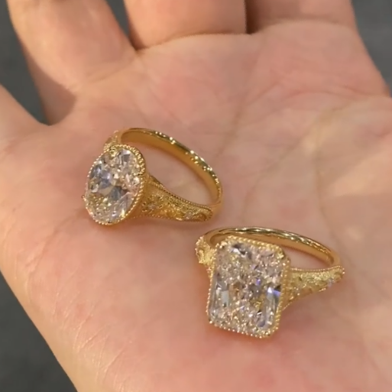 Vintage Floral Engraved Lab Diamond Ring Cushion/Oval/Radiant Cut in 14K / 18K Gold — product photo 5 of 6