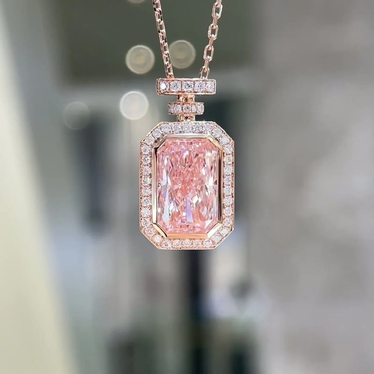 Rosaline 4.08ct Fancy Vivid Pink Radiant Halo Perfume Bottle Lab-Grown Diamond Pendant Necklace — product photo 5 of 6