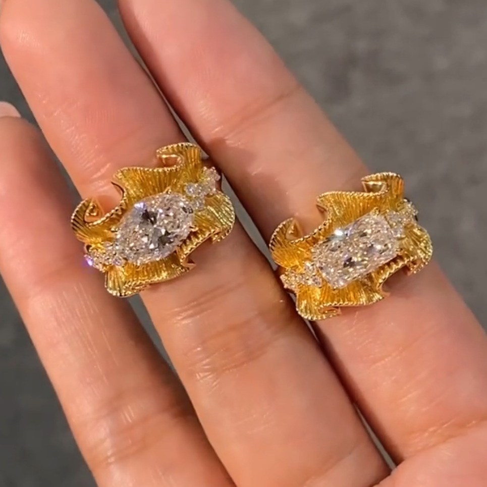 BP002 Sculptural Gold Silk Ribbon Ring with East-West Diamond — product photo 2 of 6