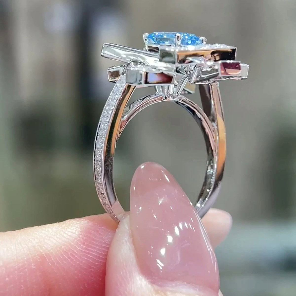 Cressida Fancy Vivid Blue Geometric Cluster Emerald-Cut Diamond Ring — product photo 2 of 4