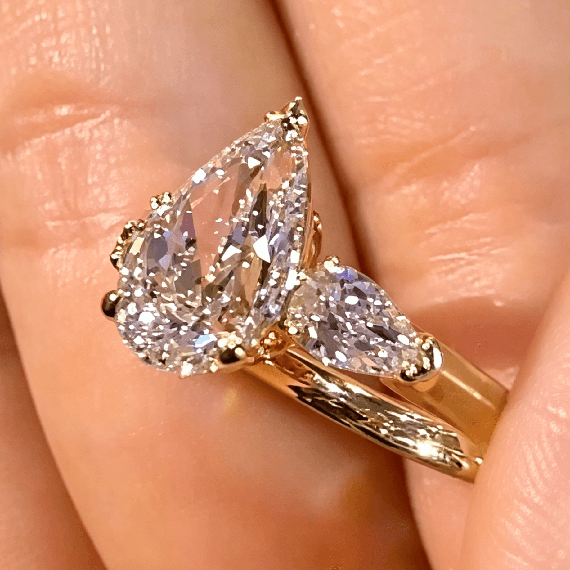 Three Pear Lab Diamond Ring | Brushed Gold Three-Stone Design — product photo 4 of 5