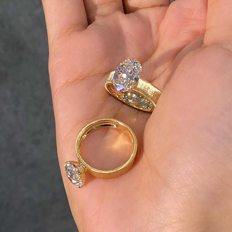 BP004 Oval Old Money Style Brushed Gold Wide Band Lab-Grown Diamond Ring — product photo 4 of 6