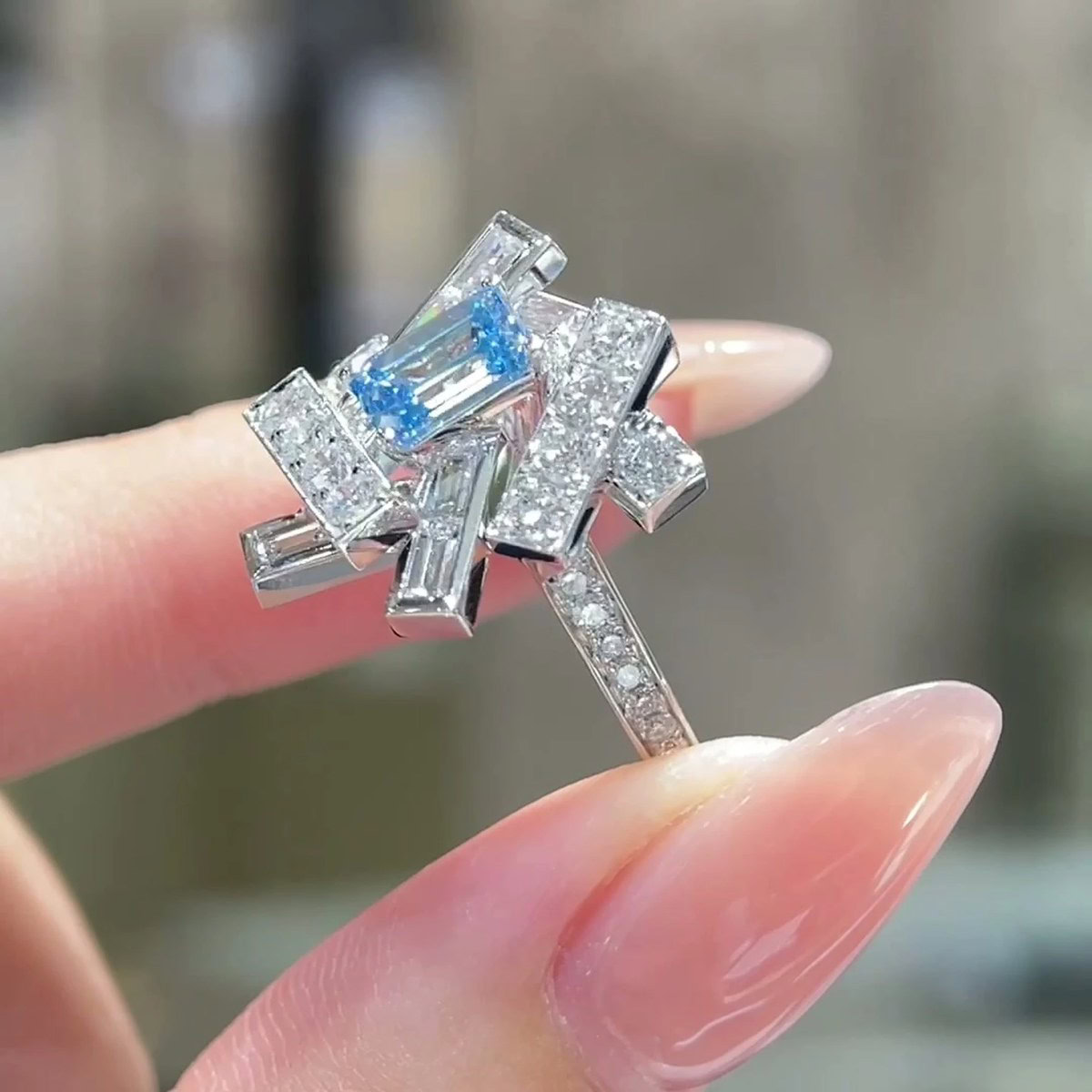 Cressida Fancy Vivid Blue Geometric Cluster Emerald-Cut Diamond Ring — product photo 3 of 4