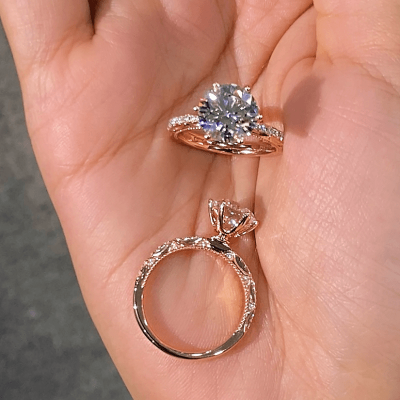 Vintage Round Lab Diamond Solitaire Ring with Floral Engraved Band — product photo 2 of 6