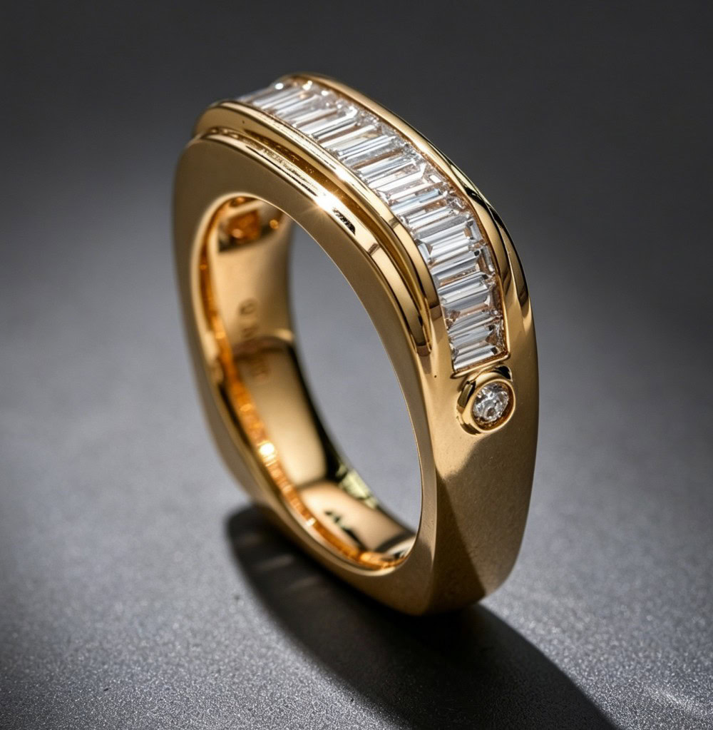 Vintage Baguette Lab Diamond Band Ring – Ice Candy Texture Thick Gold Statement Ring in 14K / 18K Gold — product photo 6 of 6