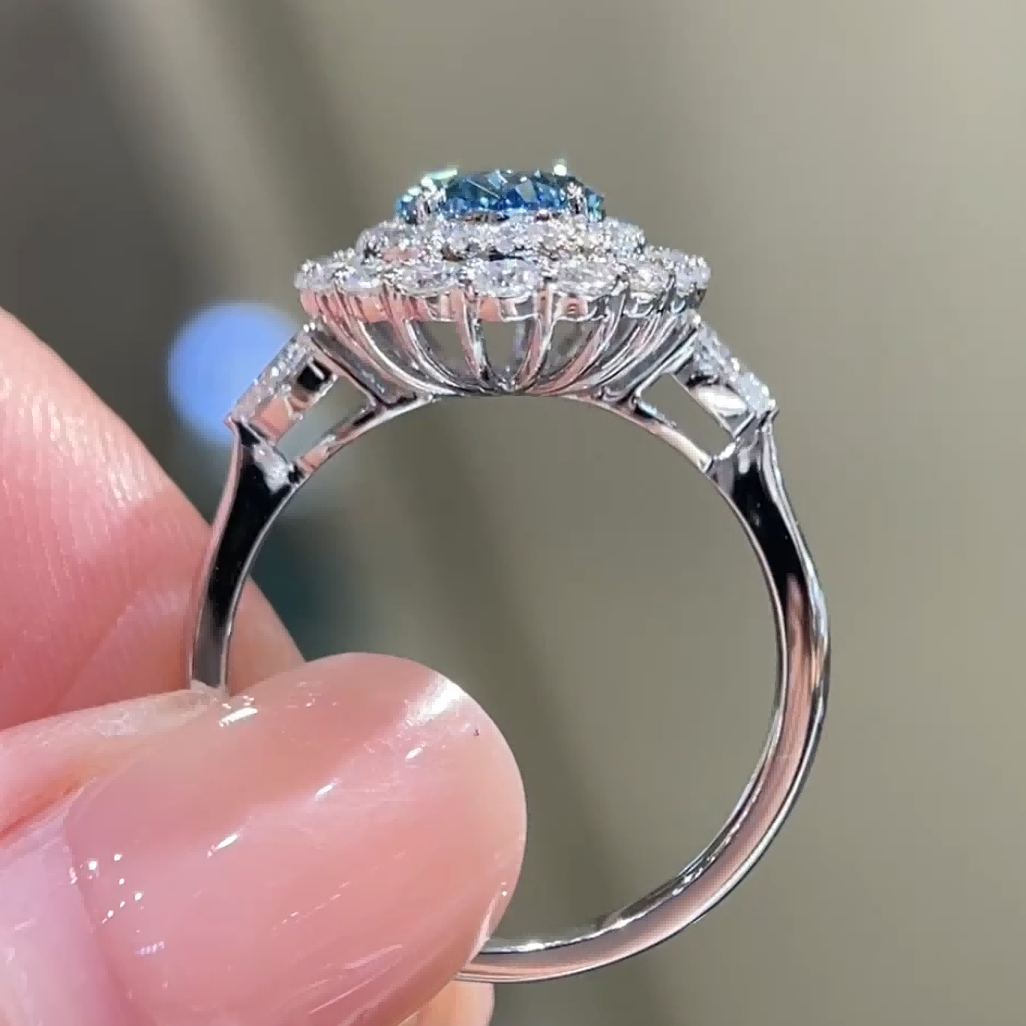 Maris Oval Blue Lab Diamond Floral Halo Ring — product photo 4 of 6