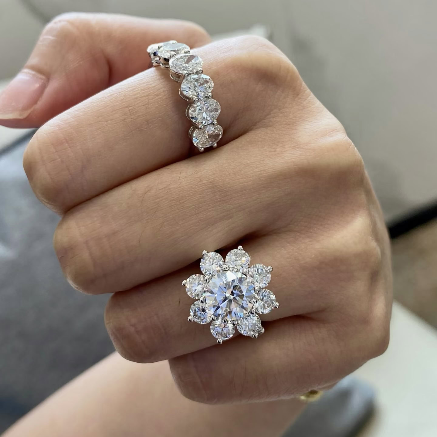 Sunflower Floral Halo Round Diamond Engagement Ring — product photo 6 of 6