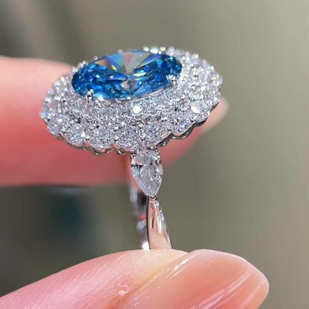 Maris Oval Blue Lab Diamond Floral Halo Ring — product photo 3 of 6