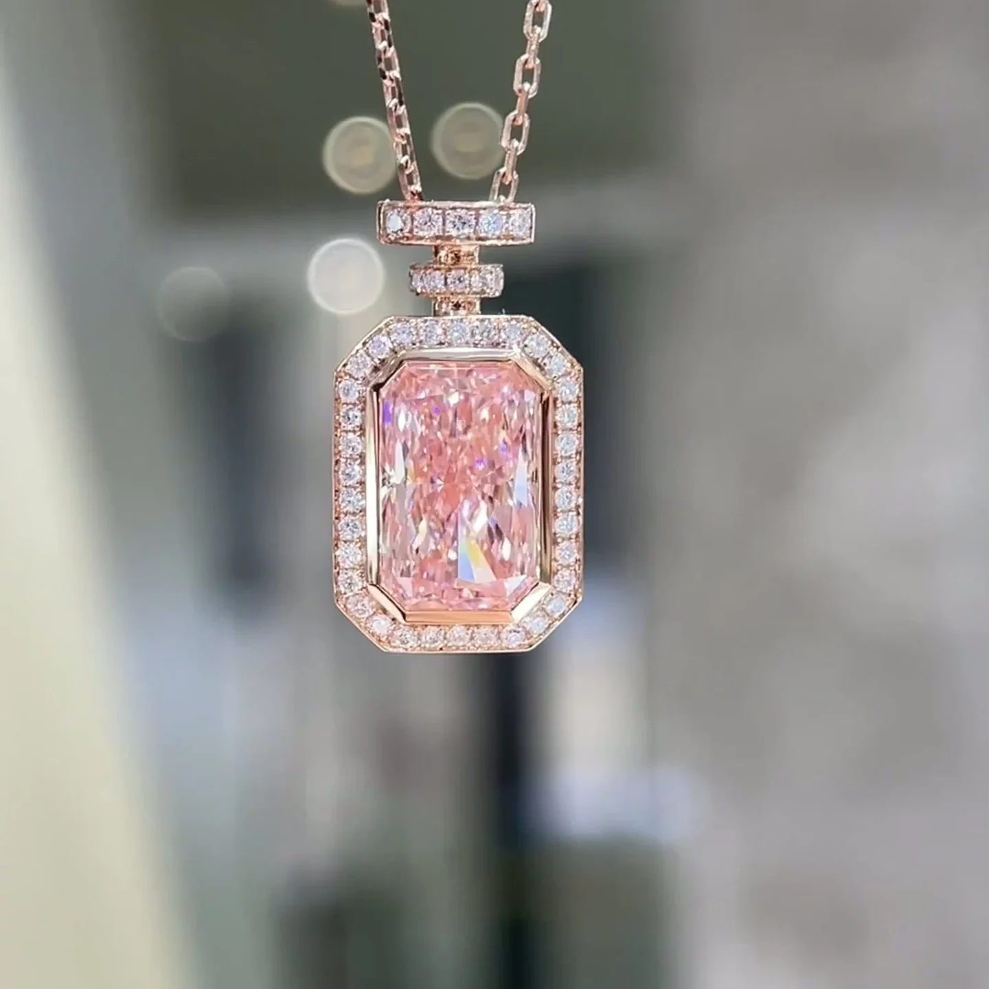 Rosaline 4.08ct Fancy Vivid Pink Radiant Halo Perfume Bottle Lab-Grown Diamond Pendant Necklace — product photo 4 of 6