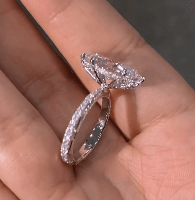 Vintage Marquise Lab Diamond Ring with Hidden Halo and Full Engraved Band — product photo 2 of 5