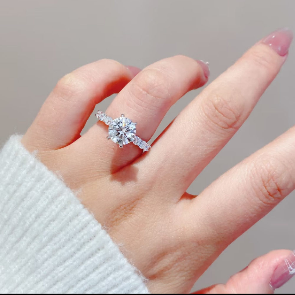 Floral Side Stone Round Lab Diamond Engagement Ring with Hidden Halo in 14K / 18K Gold — product photo 5 of 6